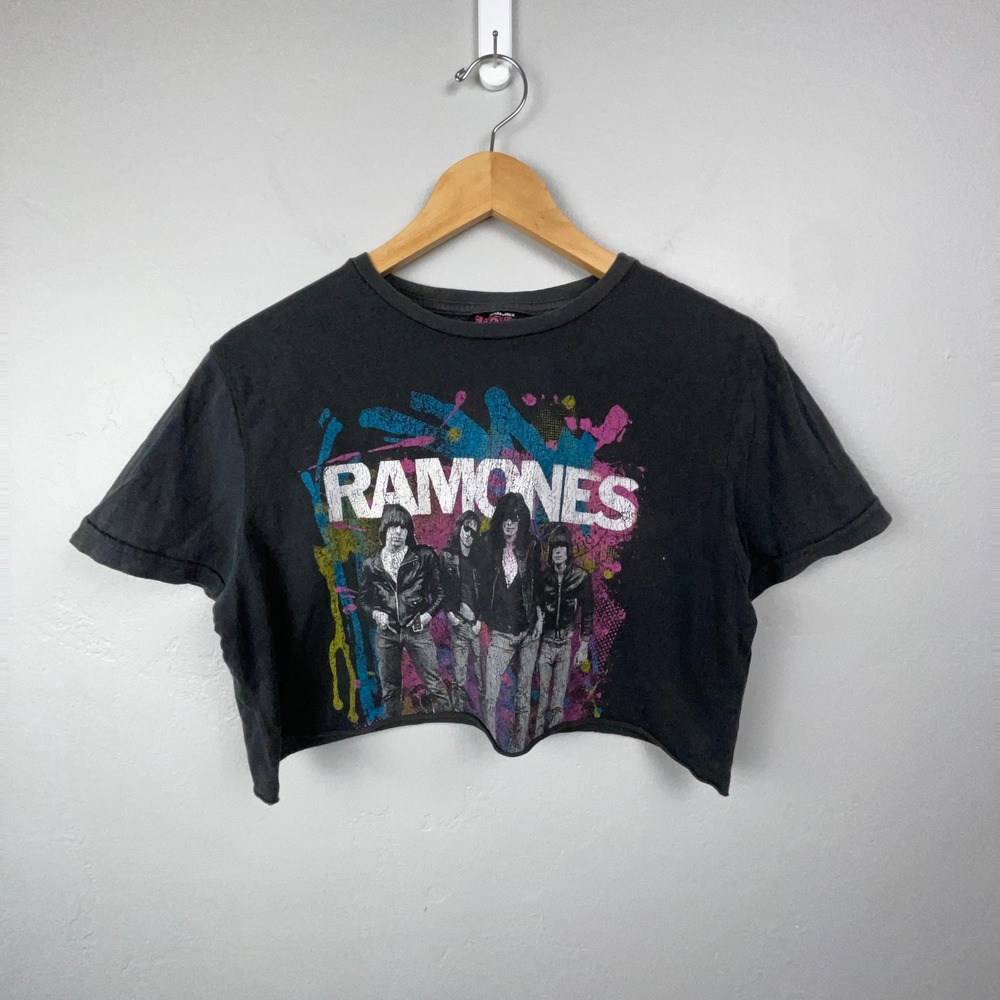 Ramones T-Shirt Women XL Black Graphic Crop Top Band Tee Short Sleeve Punk